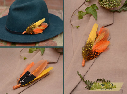 Feather Hat Pin / Broochs in Fall Colours Yellow and Burnt Orange