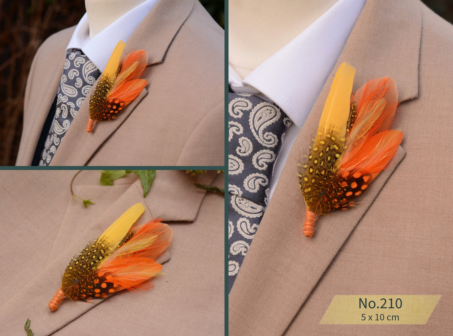 Feather Hat Pin / Broochs in Fall Colours Yellow and Burnt Orange