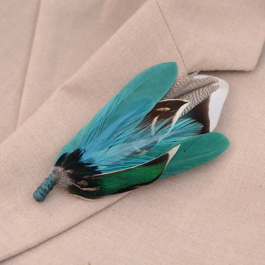 Shades of Teal and Green Duck Feather Boutonniere Small No.215