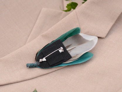 Shades of Teal and Green Duck Feather Boutonniere Small No.215