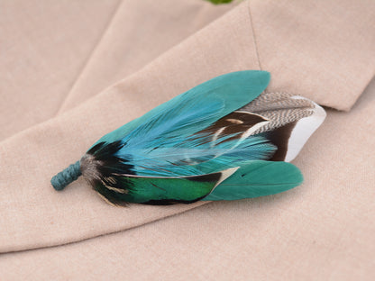 Shades of Teal and Green Duck Feather Boutonniere Small No.215