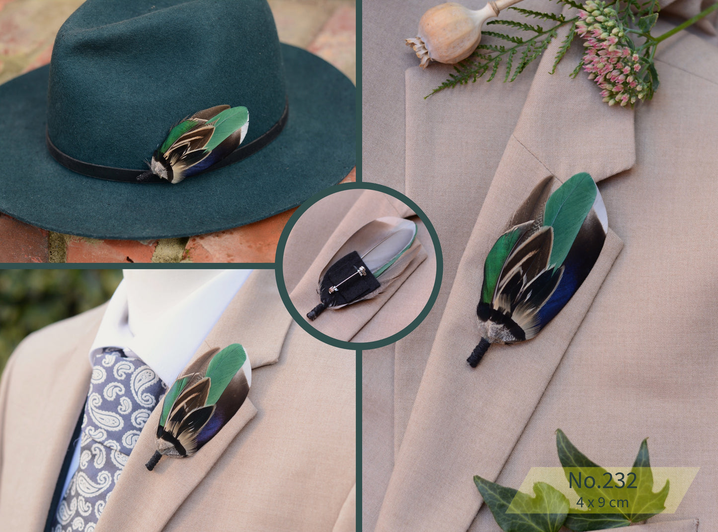 Bottle Green Duck Feather Boutonniere Pins