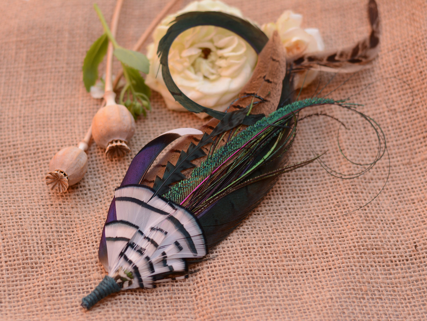 Green, Blue and White Luxury Feather Hat Pin / Lapel Pin No.328